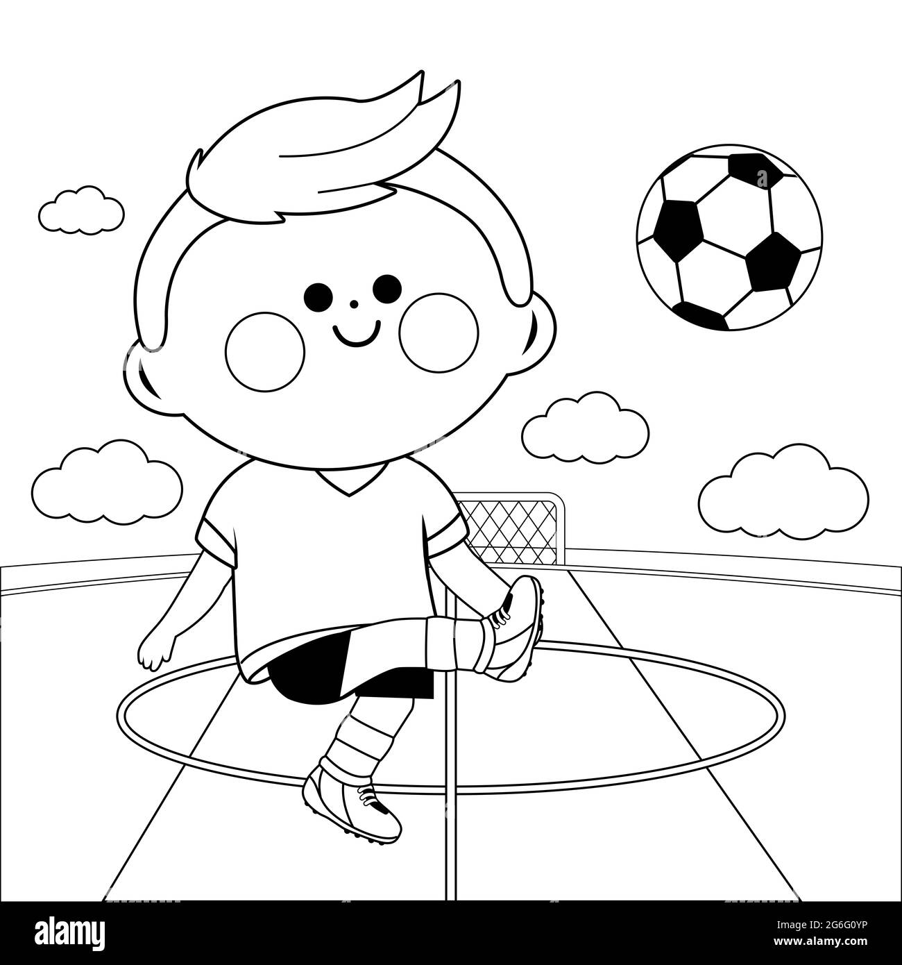 Niño jugando al fútbol. Página para colorear en blanco y negro Fotografía  de stock - Alamy