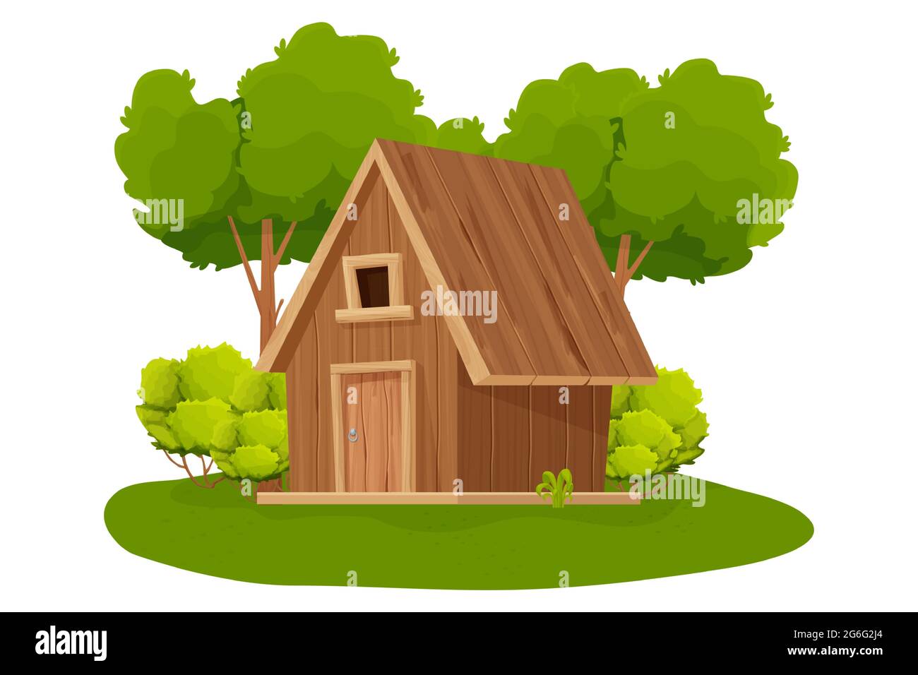 Cabaña forestal, casa de madera o cabaña decorada con árboles, hierba y  arbustos en estilo de dibujos animados aislados sobre fondo blanco. Cabaña,  edificio de campo con techo, ventana y puerta. .