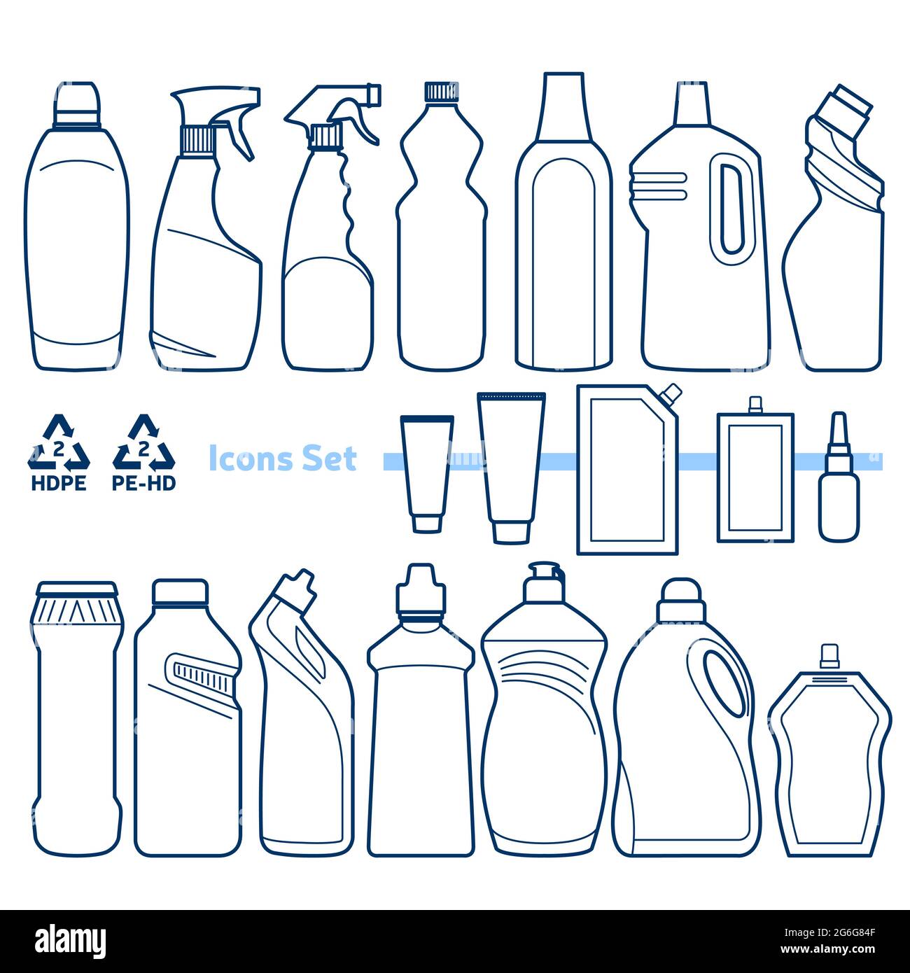 Código de reciclaje 2 (PET - Tereftalato de polietileno) esquema conjunto  de iconos. Vacíe las botellas de plástico transparente sobre fondo blanco  Imagen Vector de stock - Alamy