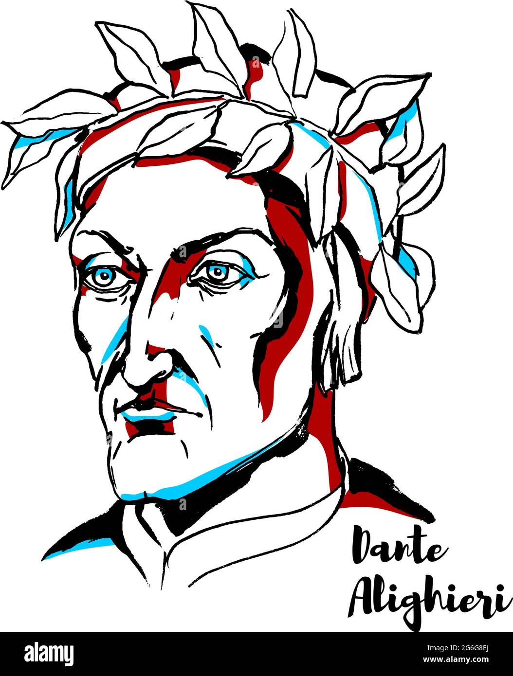 Dante Alighieri retrato vectorial grabado con contornos de tinta. Gran poeta italiano de finales de la Edad Media. Ilustración del Vector