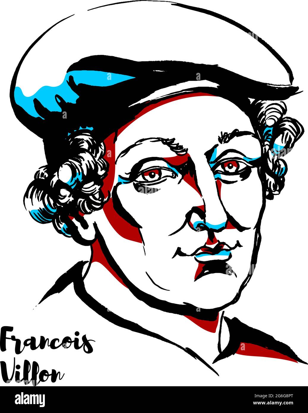 Francois Villon retrato vectorial grabado con contornos de tinta. Poeta francés de finales de la Edad Media. Ilustración del Vector