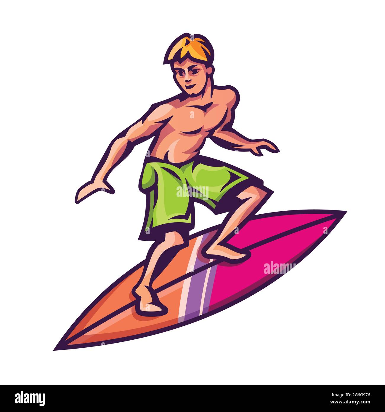 Surfer de pie sobre tabla de surf. Hombre en estilo de dibujos animados  Imagen Vector de stock - Alamy