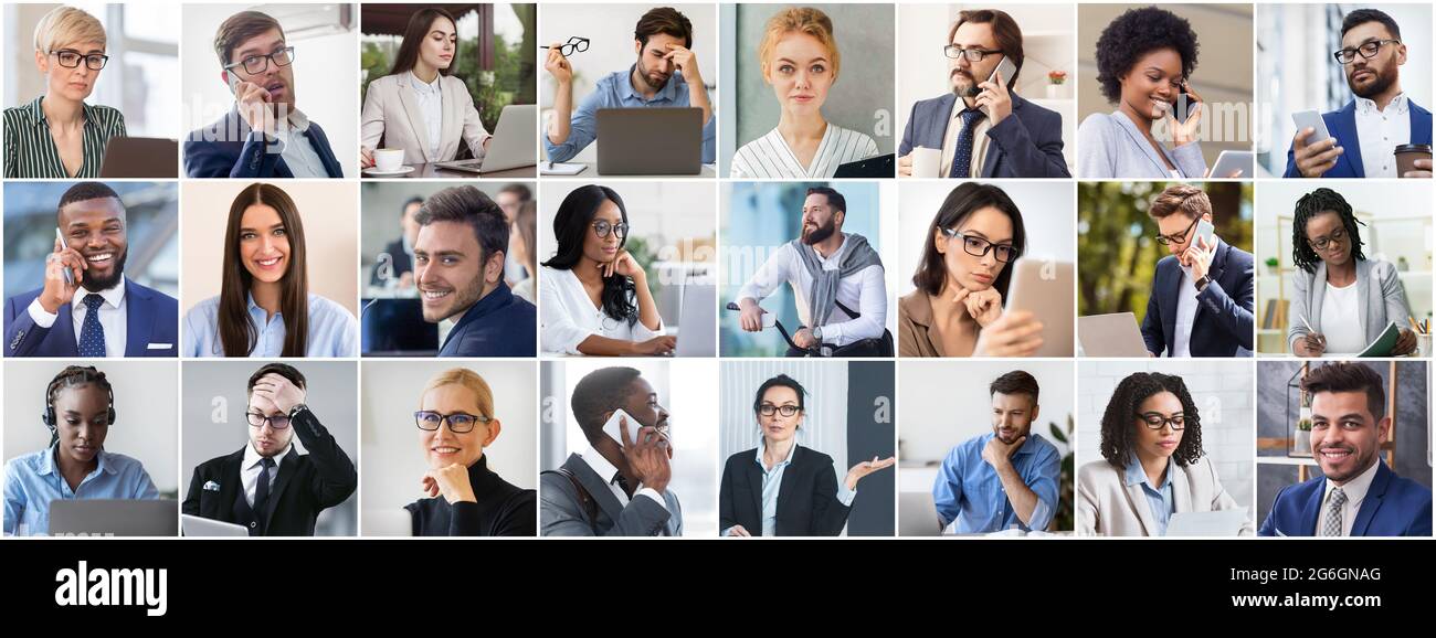 Conjunto de personas de negocios en ropa formal mostrando variedad de  emociones, utilizando tecnologías modernas, haciendo trabajo de oficina  Fotografía de stock - Alamy