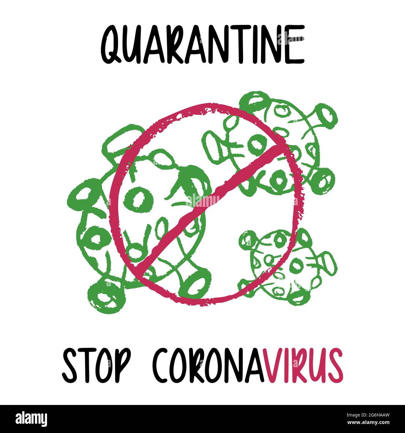 Dibujo infantil con crayones de cera. Autoaislamiento de la pandemia de coronavirus, atención de salud, protección. Nueva bacteria Coronavirus. Detenga COVID-19 Concepts. Ilustración del Vector