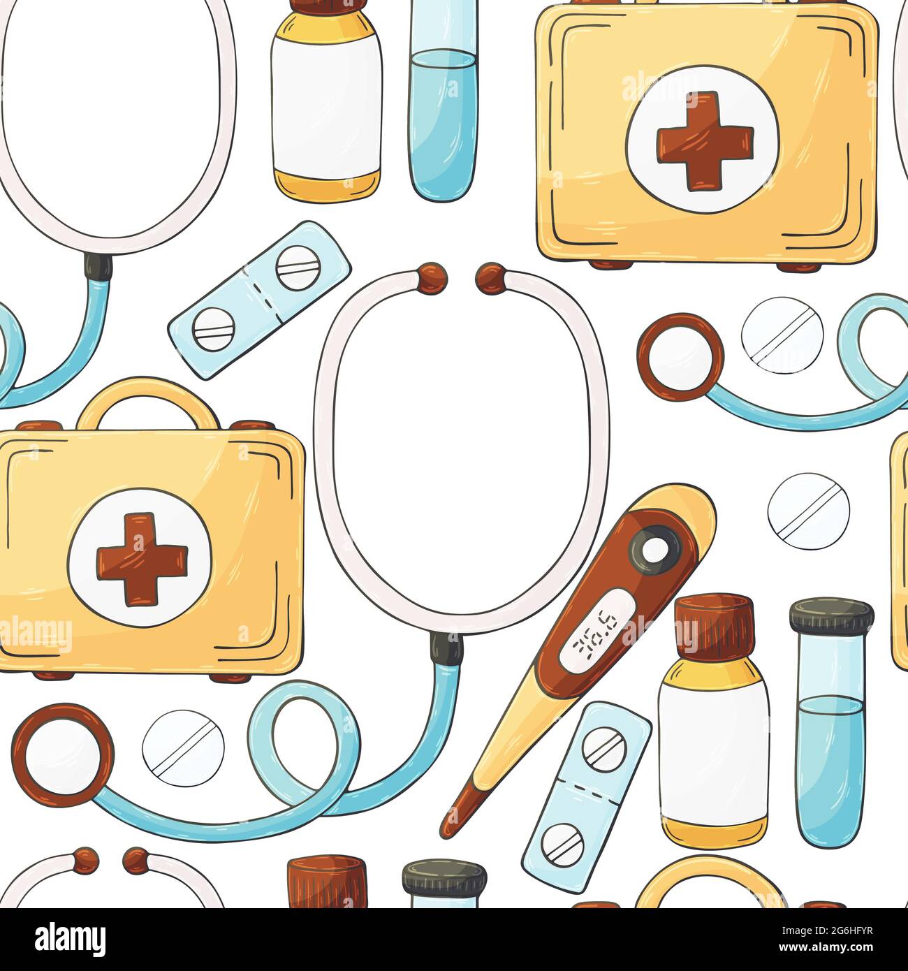 Patrón sin costuras. Instrumentos médicos de dibujos animados en estilo de  dibujo a mano. Caso médico, termómetro, estotoscopio Imagen Vector de stock  - Alamy