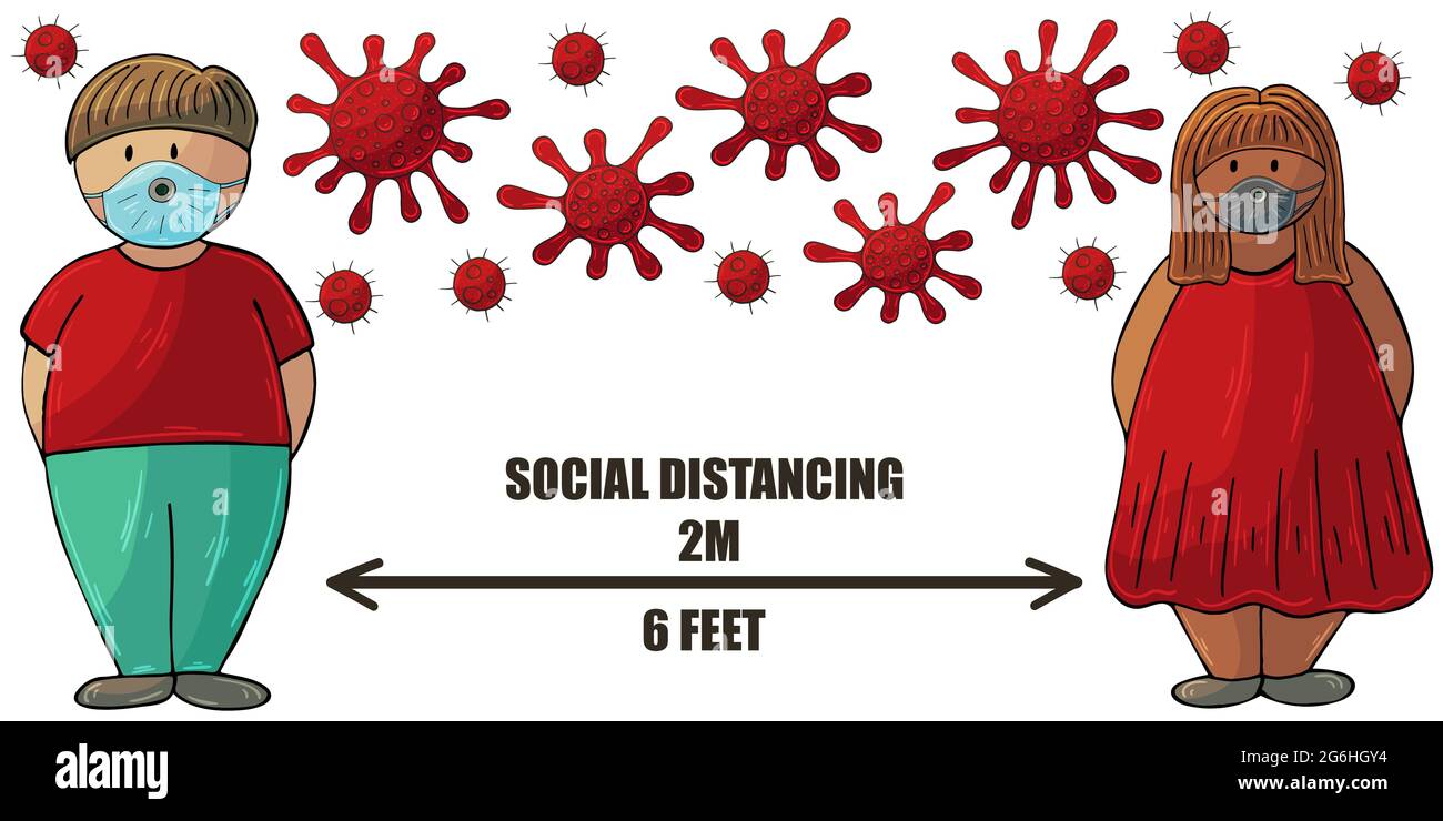El hombre y la mujer de dibujos animados observan la distancia social.  Lucha contra el coronavirus. Concepto de salud Imagen Vector de stock -  Alamy