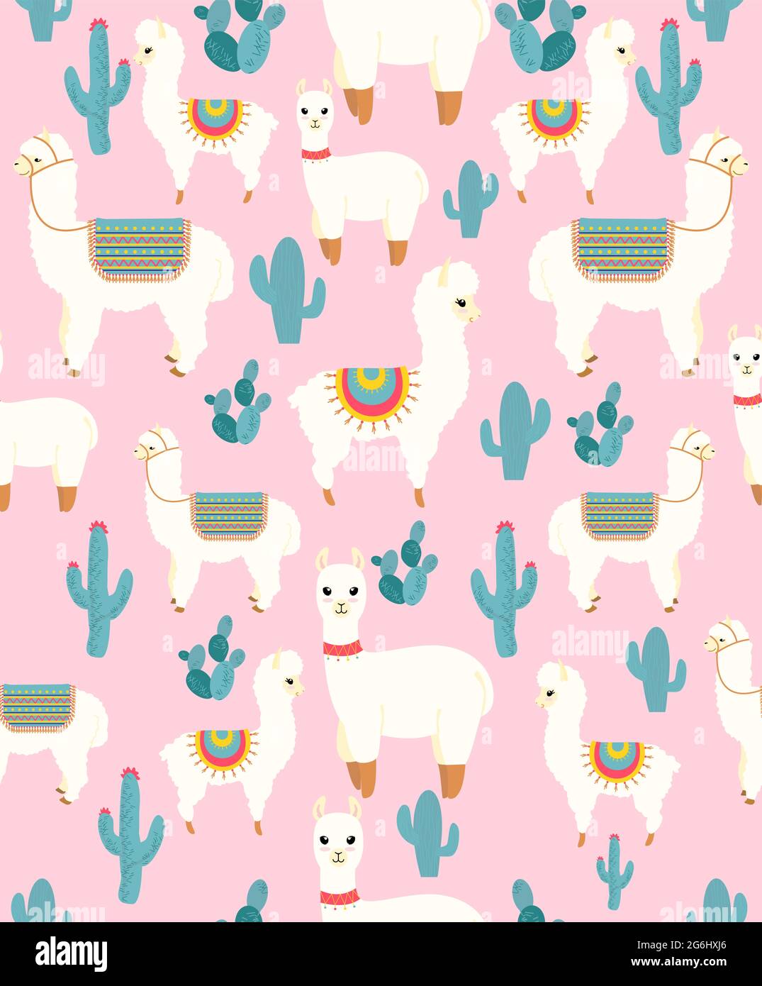 Vector Ilustración de dibujo sin costuras con linda llama alpaca de dibujos animados con cactus y elementos de diseño sobre fondo rosa en estilo de dibujos animados planos. Ilustración del Vector