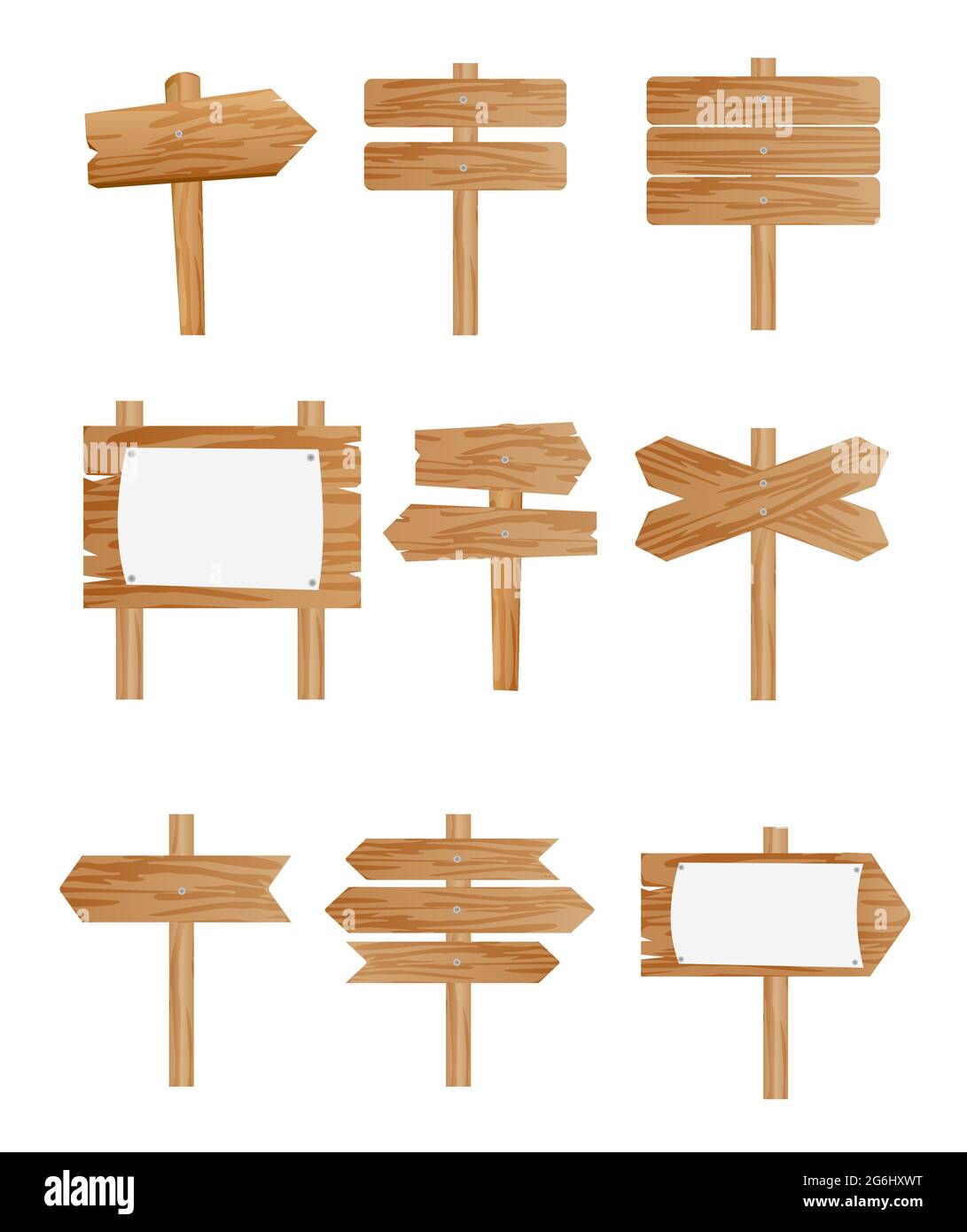 Conjunto de ilustración vectorial de diferentes señales de madera, colección de punteros sobre fondo blanco en estilo plano. Ilustración del Vector