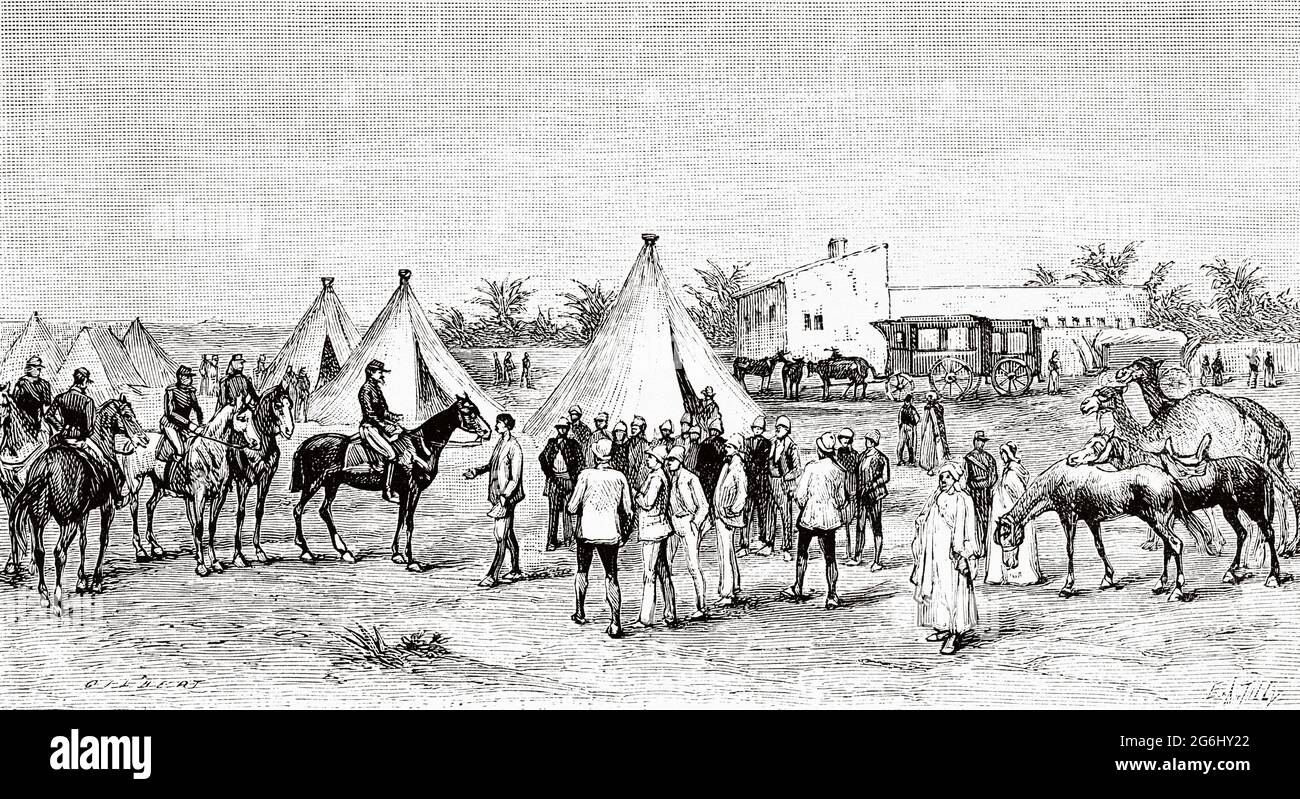 La Asociación Francesa en Argelia, CAMP y bordj de Chegga. Antigua ilustración del siglo 19th grabada de La Nature 1888 Foto de stock