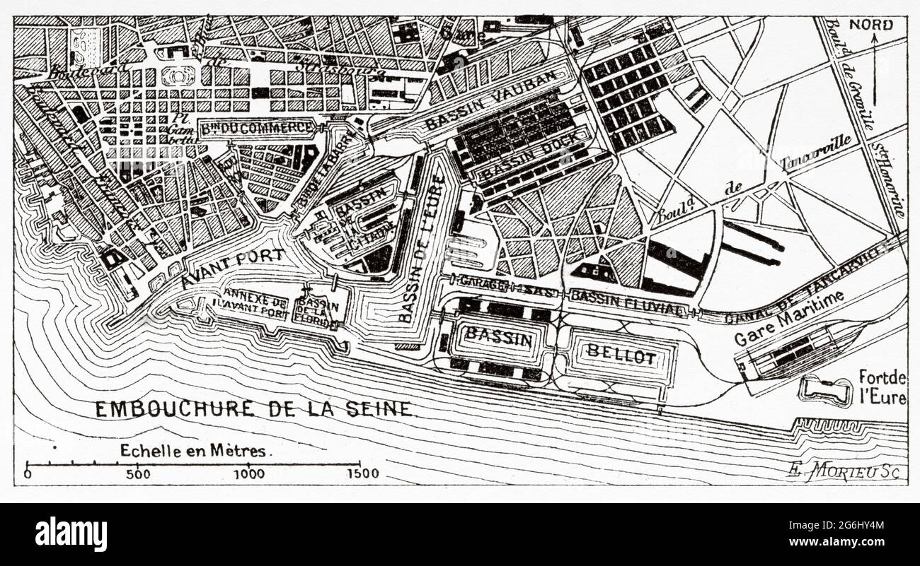 Mapa de Port Le Havre. Normandía, Francia. Europa. Antigua ilustración del siglo 19th grabada de La Nature 1888 Foto de stock