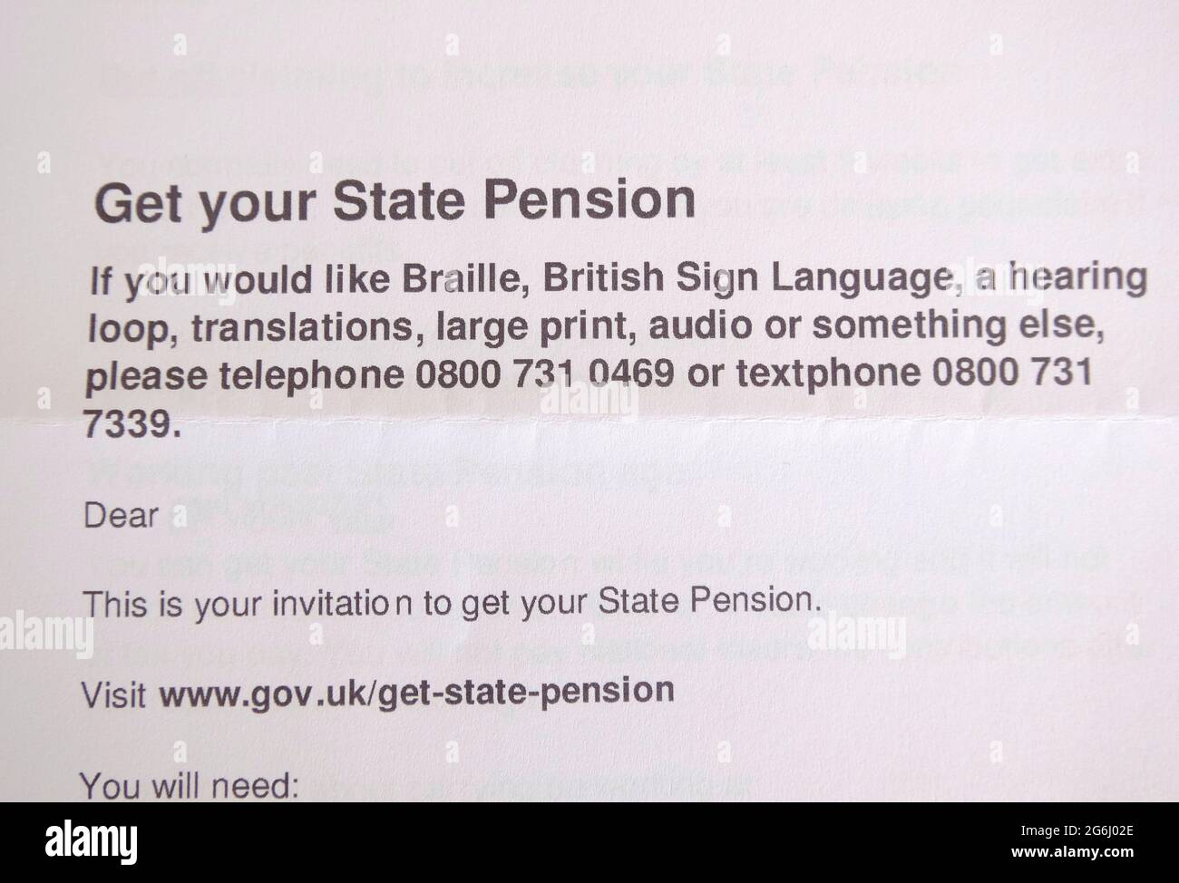 Invitación del gobierno del Reino Unido para solicitar la pensión estatal Foto de stock