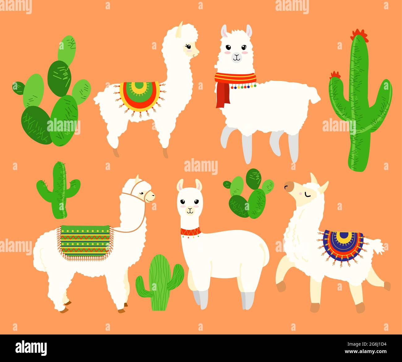Colorido conjunto de ilustraciones graciosas y lindas lamas y alpaca, cactus elementos sobre fondo naranja en dibujos animados de estilo plano. Ilustración del Vector