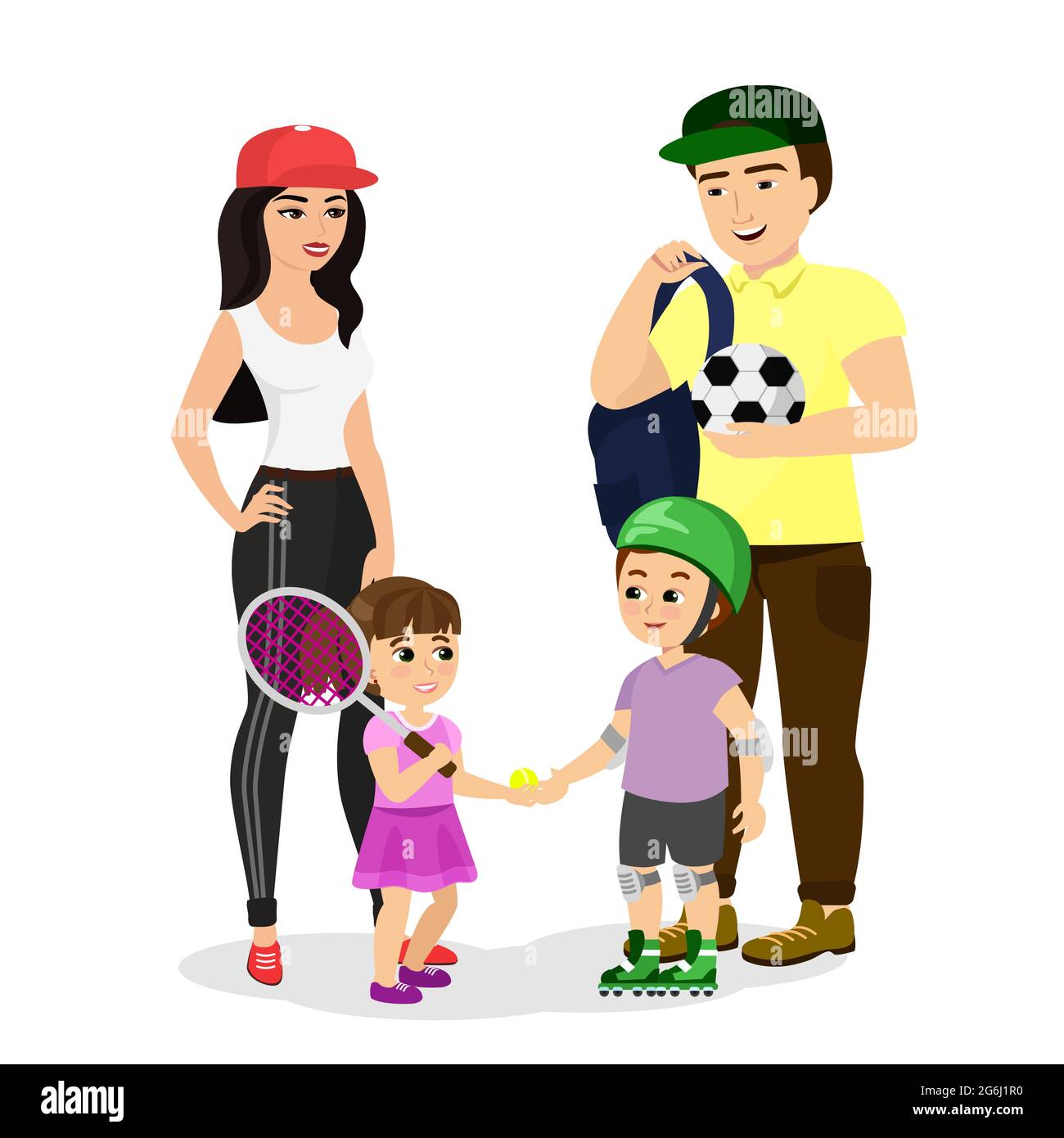 Ilustración vectorial de la familia deportiva. Papá, madre, hijo e hija con ropa  deportiva llevan un estilo de vida saludable. Los padres felices con los  niños hacen deportes adentro Imagen Vector de