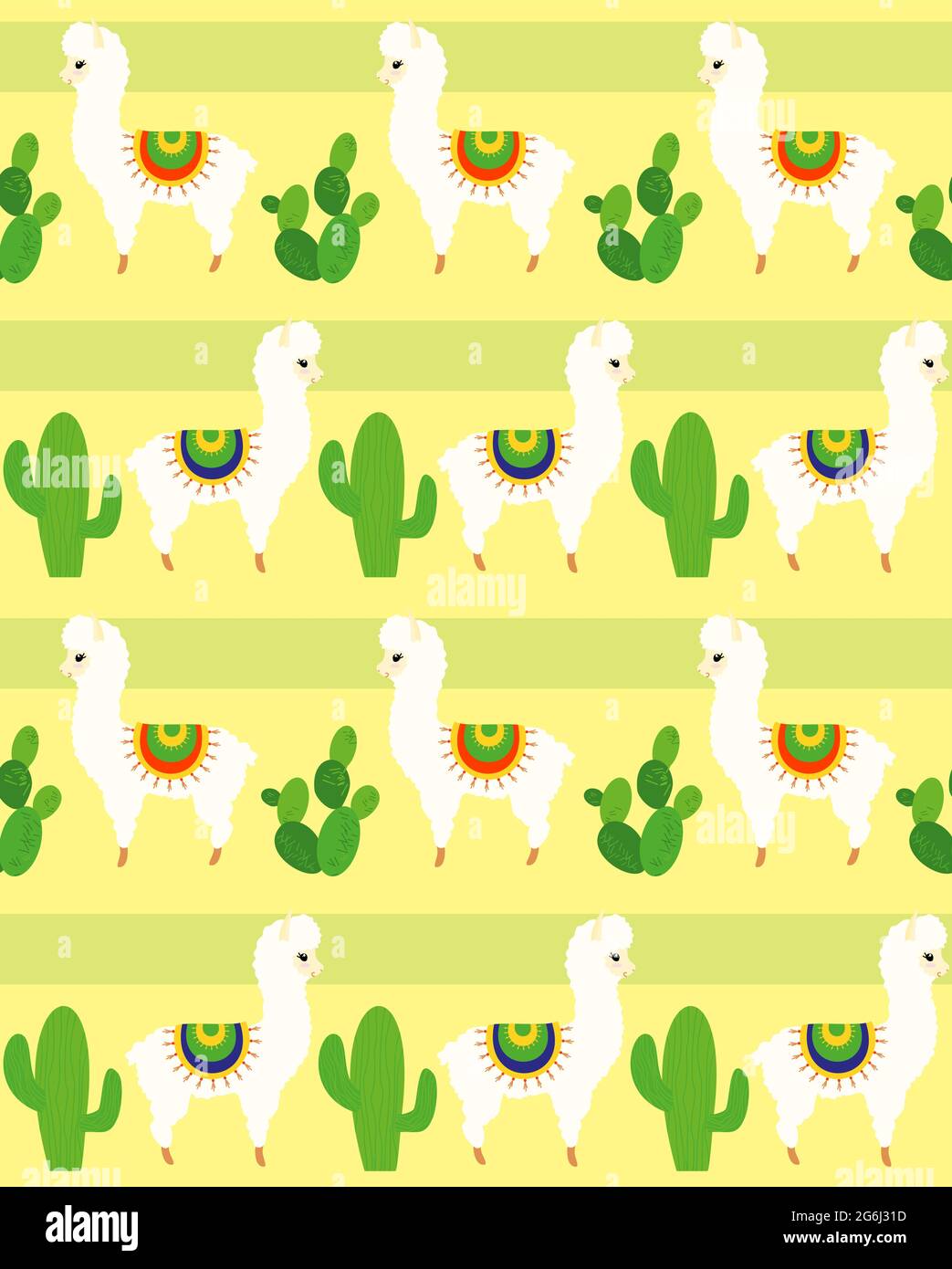 Ilustración vectorial de patrón sin costuras con alpaca y llamas, gracioso lama y cactus colorido patrón para textiles en dibujos animados de estilo plano. Ilustración del Vector