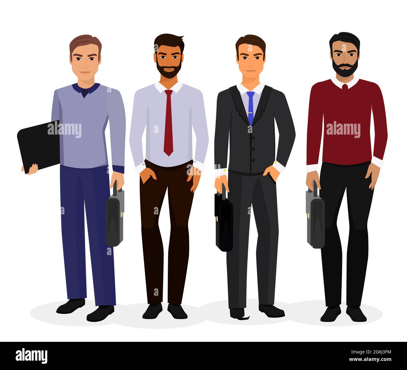 Ilustración vectorial del juego de creación de personajes de dibujos  animados de hombres de negocios. Joven hombre de negocios hermoso sonriente  en estilo de oficina ropa de diferentes colores de piel Imagen