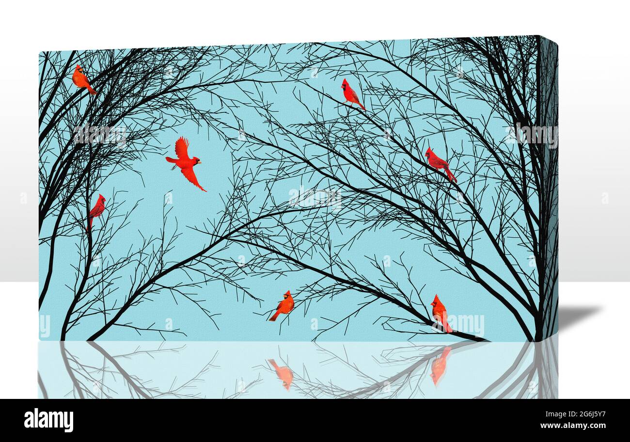 Las aves cardinales de color rojo brillante se ven en las ramas de los árboles negros en invierno y se encuentran en un panel de lona estirada de 3-d en esta ilustración de 3-d sobre el arte de las aves Foto de stock
