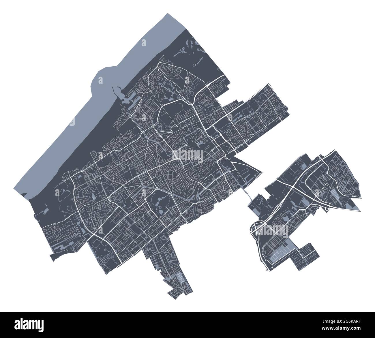Mapa de La Haya. Mapa vectorial detallado de la zona administrativa de la ciudad de La Haya. Vista de aria metropolitana con póster de paisaje urbano. Tierra oscura con calles blancas, carreteras y avenida Ilustración del Vector