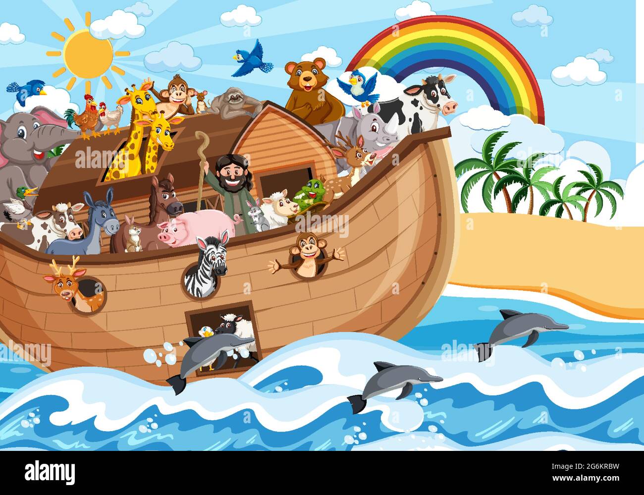 El Arca de Noé con animales en la escena del océano ilustración Imagen