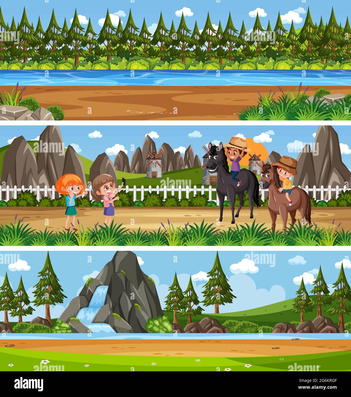 Conjunto de diferentes paisajes naturales panorámicos con ilustración de  personajes de dibujos animados Imagen Vector de stock - Alamy