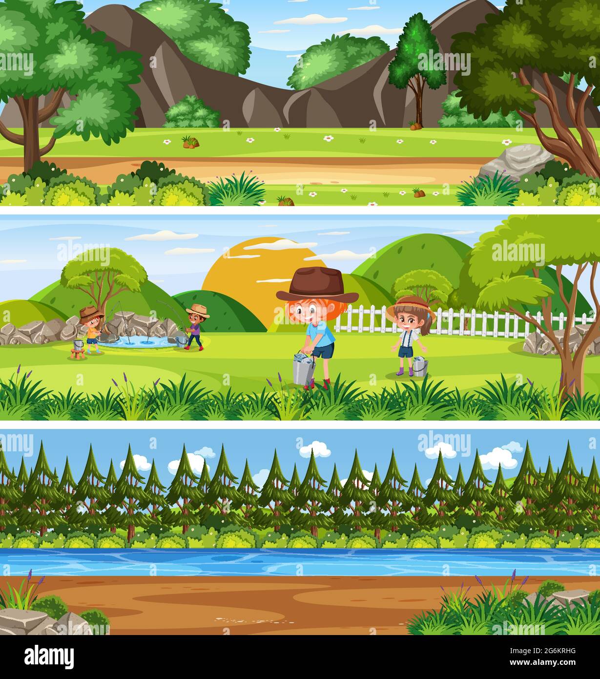 Paisaje natural panorámico diferente con ilustración de personajes de dibujos animados Imagen Vector de stock - Alamy Paisaje natural panorámico diferente con ilustración de personajes de dibujos animados Imagen Vector de stock - Alamy