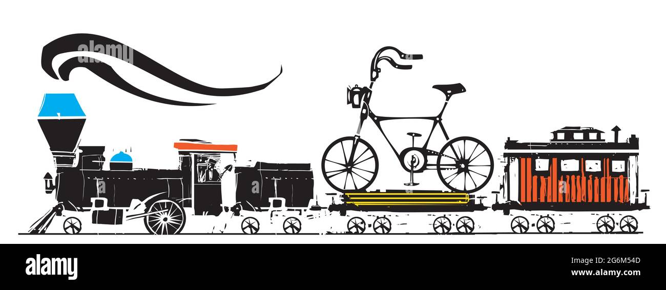 Locomotive de vapor estilo expresionista con una bicicleta Ilustración del Vector
