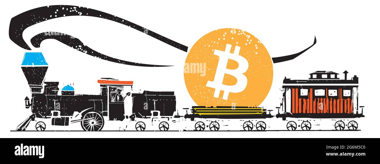 Locomotive de vapor de estilo expresionista con un bitcoin en uno de los carsv Ilustración del Vector