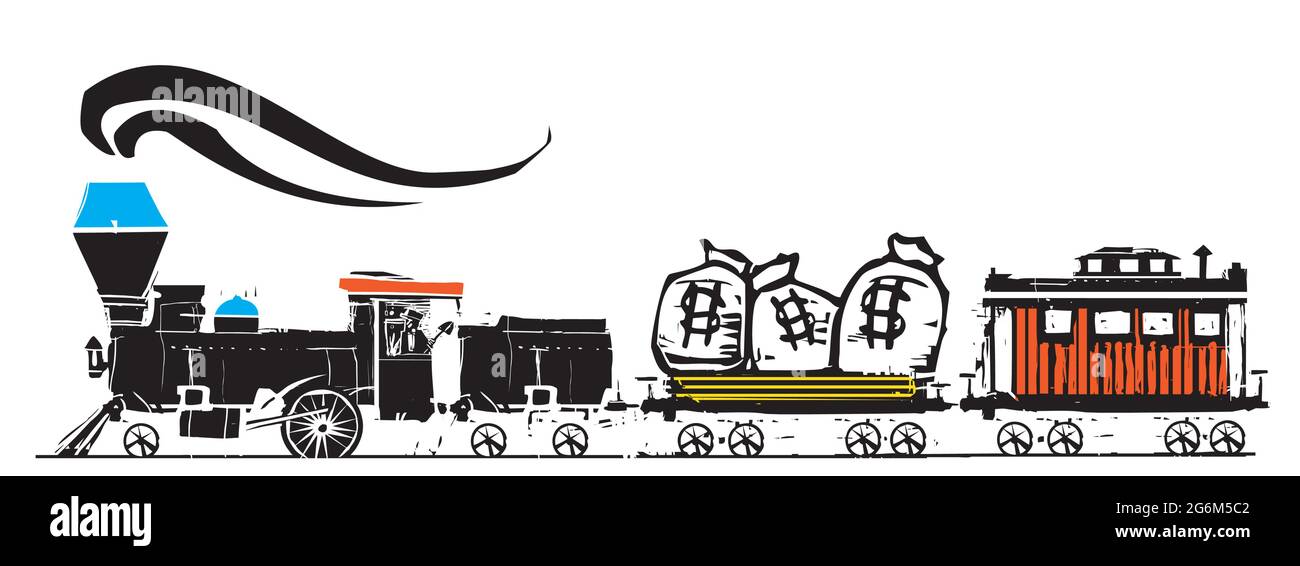 Locomotive de vapor estilo expresionista con bolsas de dinero Ilustración del Vector