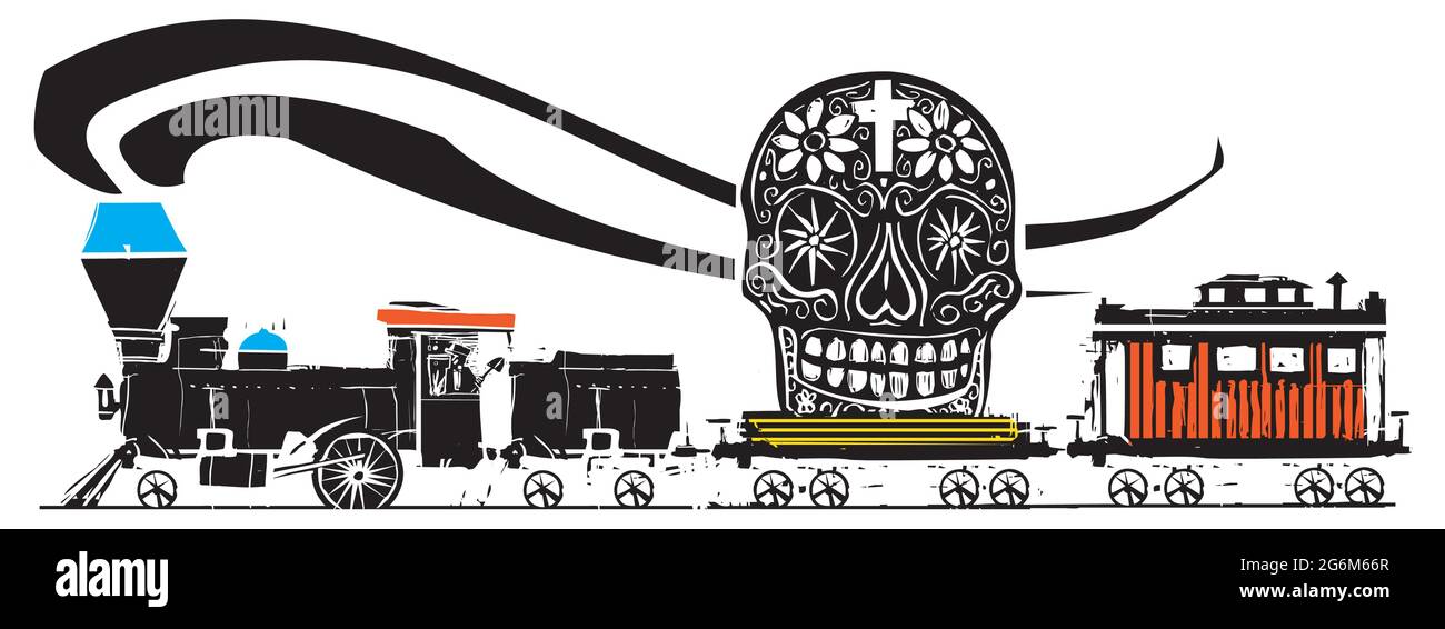 Locomotive de vapor de estilo expresionista con un día mexicano del cráneo de azúcar muerto Ilustración del Vector