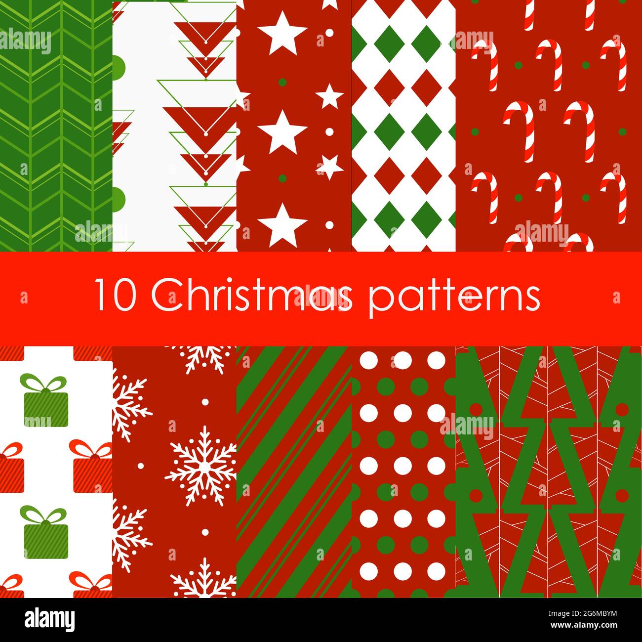 Ilustración vectorial diez patrones de Navidad diferentes sin costuras. Textura de colores brillantes para papel tapiz, fondo de página web, papel para envolver, estilo plano. Ilustración del Vector