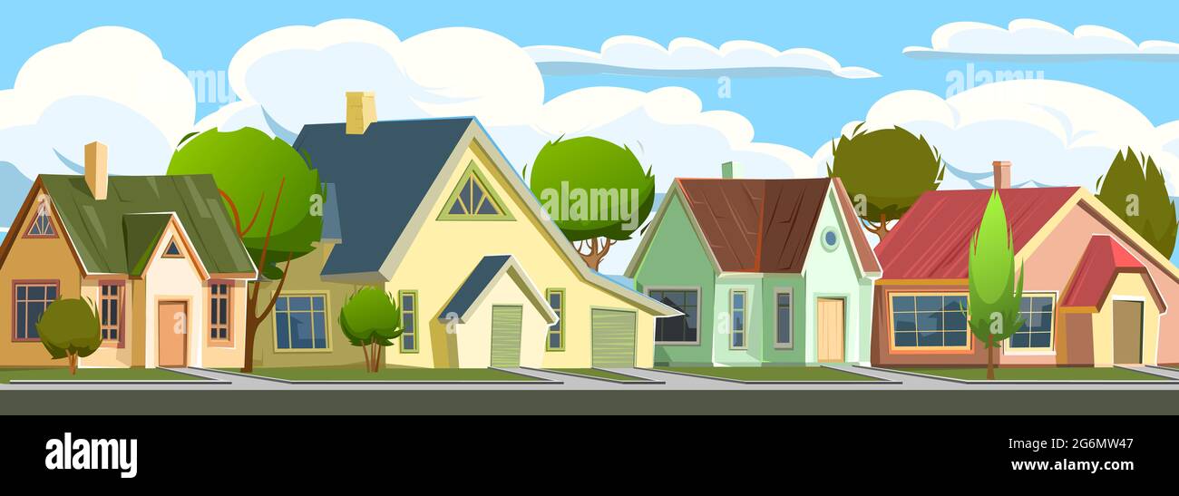 Calle con casas en un pequeño pueblo rural. Alegre estilo plano de dibujos animados. Carretera. Pueblo. Pequeñas y acogedoras cabañas suburbanas con árboles Fotografía de stock - Alamy Calle con casas en un pequeño pueblo rural. Alegre estilo plano de dibujos animados. Carretera. Pueblo. Pequeñas y acogedoras cabañas suburbanas con árboles Fotografía de stock - Alamy