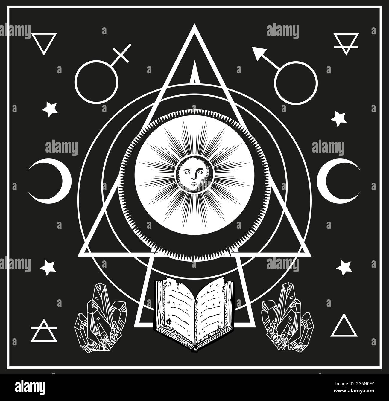 sol, luna, ilustración de vector mágico, libro de hechizos, cristales,  símbolo de cartas de tarot, alquimia Imagen Vector de stock - Alamy