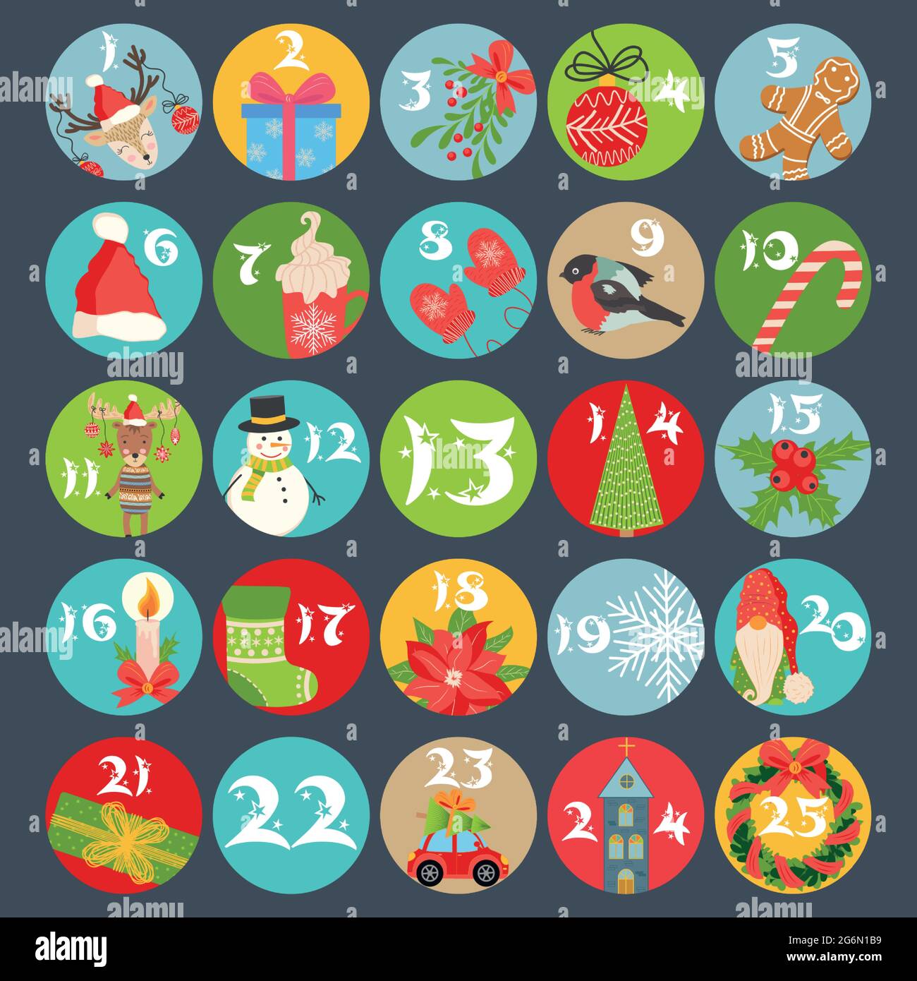 Calendario de Adviento. Calendario de Navidad de diciembre, números de  Adviento de Navidad con elementos de diseño de vacaciones de invierno  Imagen Vector de stock - Alamy