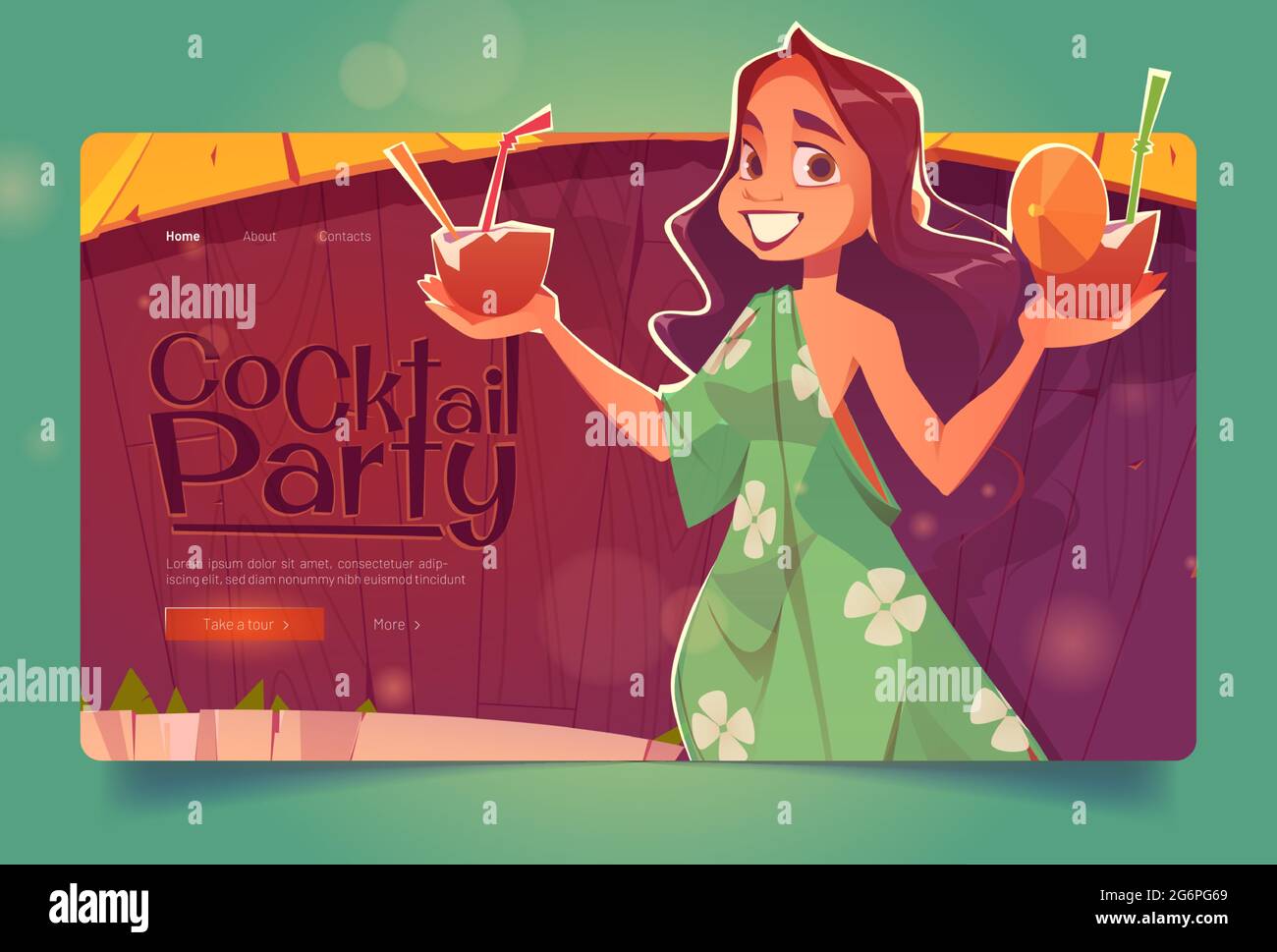 Página de inicio de dibujos animados de la fiesta de cócteles. Mujer sonriente vestido de verano sosteniendo bebidas de coco en el fondo de la barra de madera cabaña, complejo hawaiano exótico, promoción de recreación de bar de playa, banner de la tela vectorial Ilustración del Vector