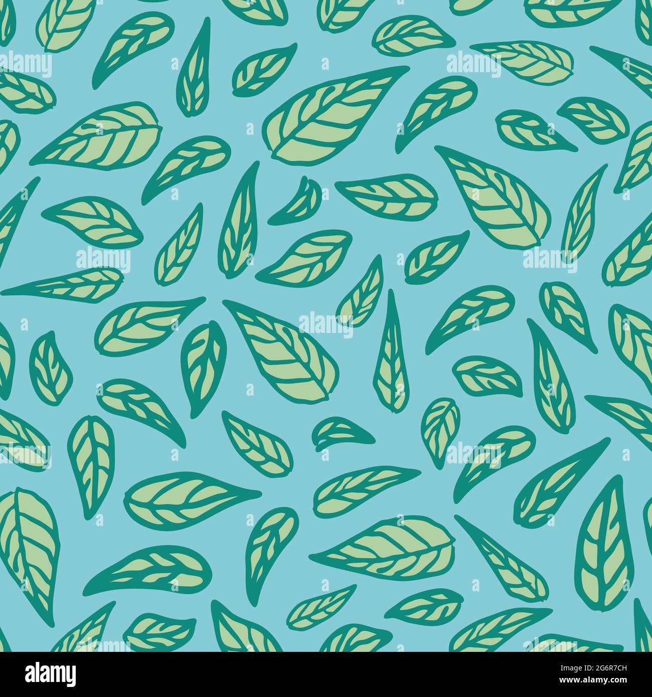 Patrón vectorial sin costuras con hojas sobre fondo azul. Diseño de fondo de pantalla de color verde azulado natural. Textil de moda vegetal decorativa. Ilustración del Vector