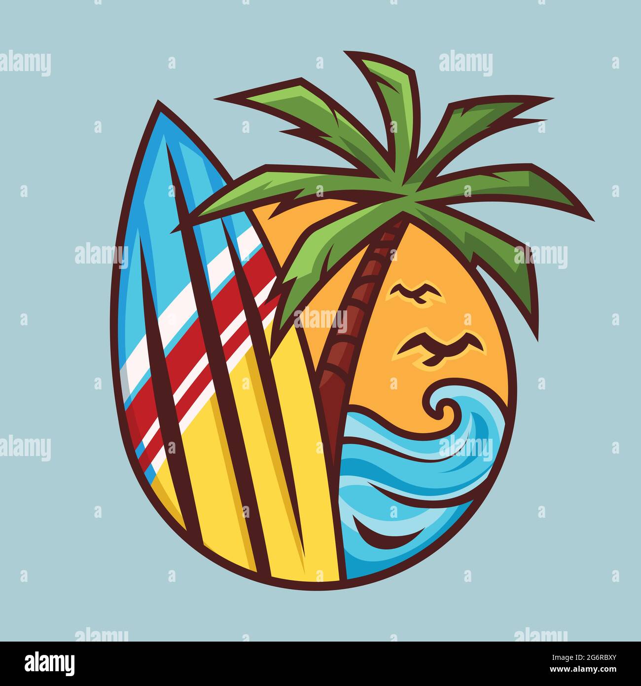 Tabla de surf con palmeras. Concepto de surf de arte en estilo de dibujos  animados Imagen Vector de stock - Alamy