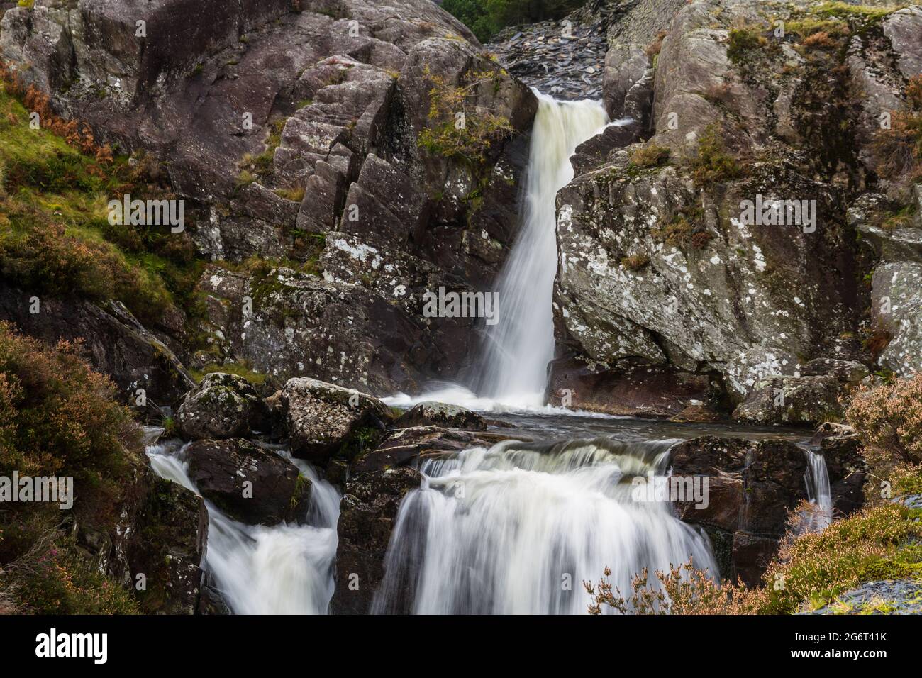 Cascada Cwmorthin, Ffestiniog Bleneau, Snowdonia, Gales del Norte, paisaje. Foto de stock