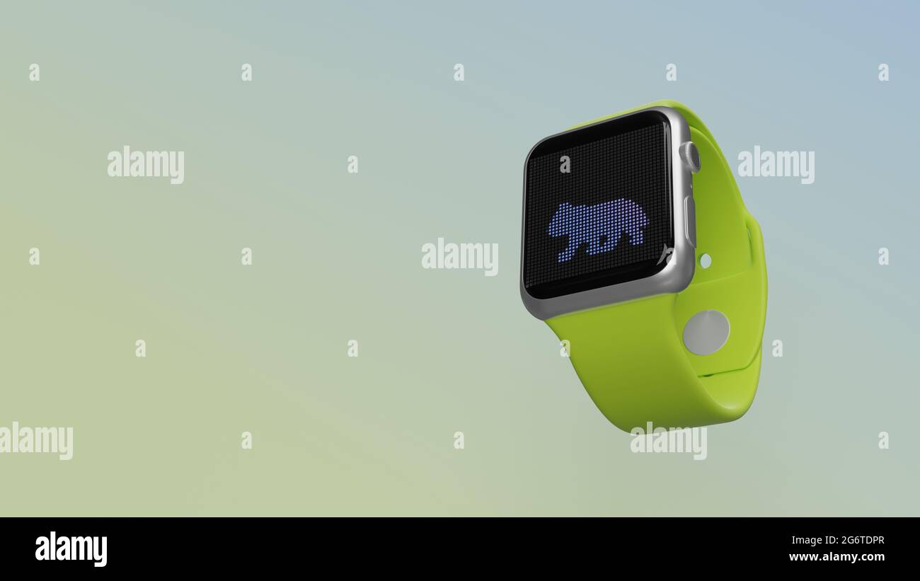 Smart Watch 3D con símbolo de lobo de perfil animal salvaje en pantalla lcd aislada sobre fondo de color. Vista lateral hacia abajo. Foto de stock