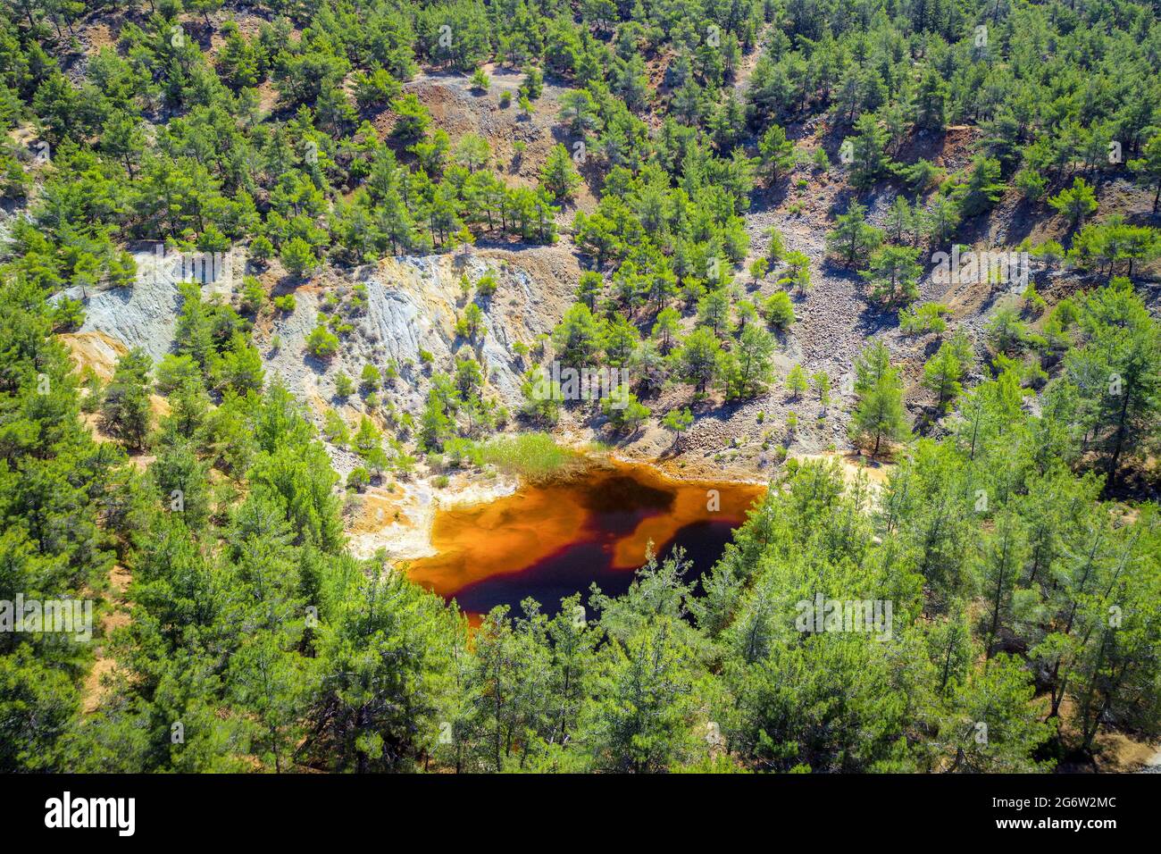 Reforestación de una antigua mina de cobre cerca de Kinousa, Chipre. El lago rojo es el resultado de la extracción de mineral de pirita en la zona Foto de stock