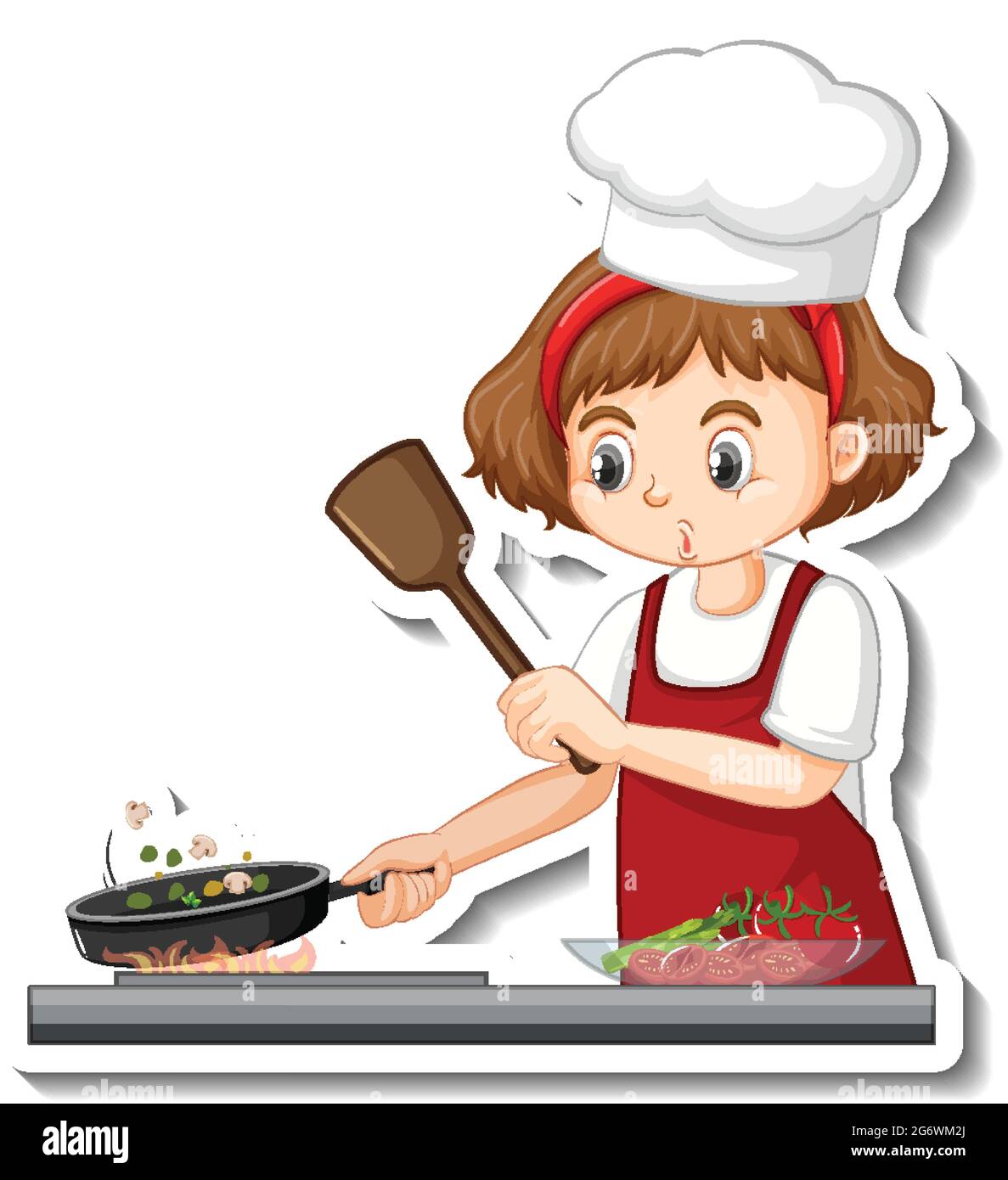 Diseño de la pegatina con la niña chef cocinando la comida dibujos animados  carácter ilustración Imagen Vector de stock - Alamy