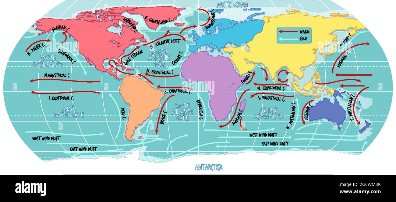 El mapa del mundo actual del océano con los nombres de ilustración Imagen  Vector de stock - Alamy