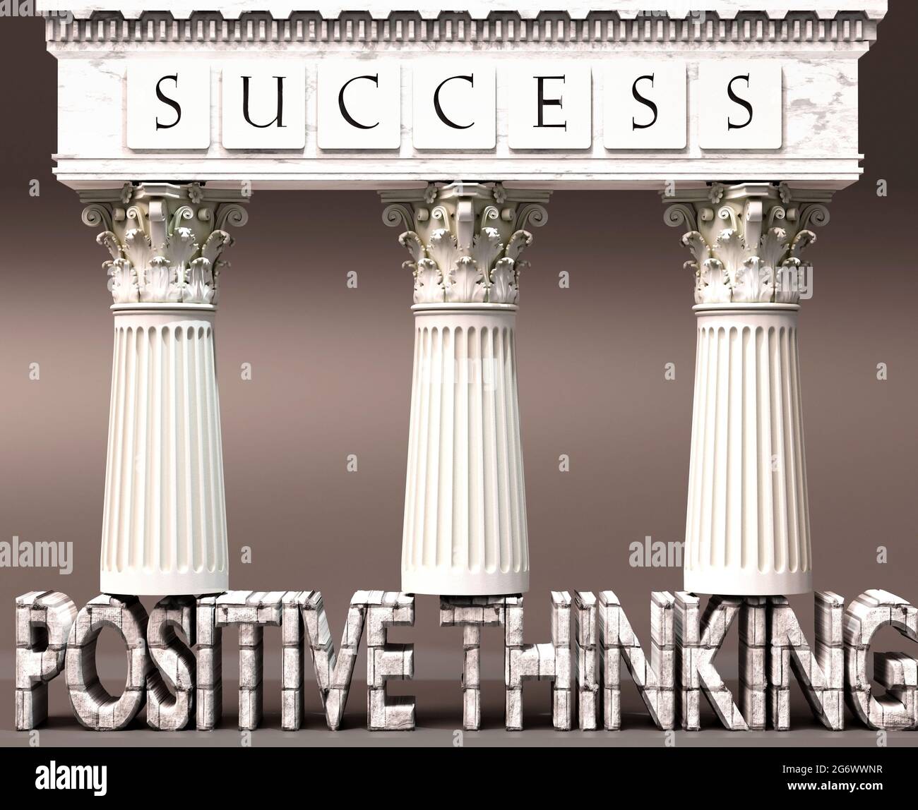 El pensamiento positivo como fundamento del éxito - simbolizado por los pilares del éxito apoyados por el pensamiento positivo para demostrar que es esencial para el reachi Foto de stock
