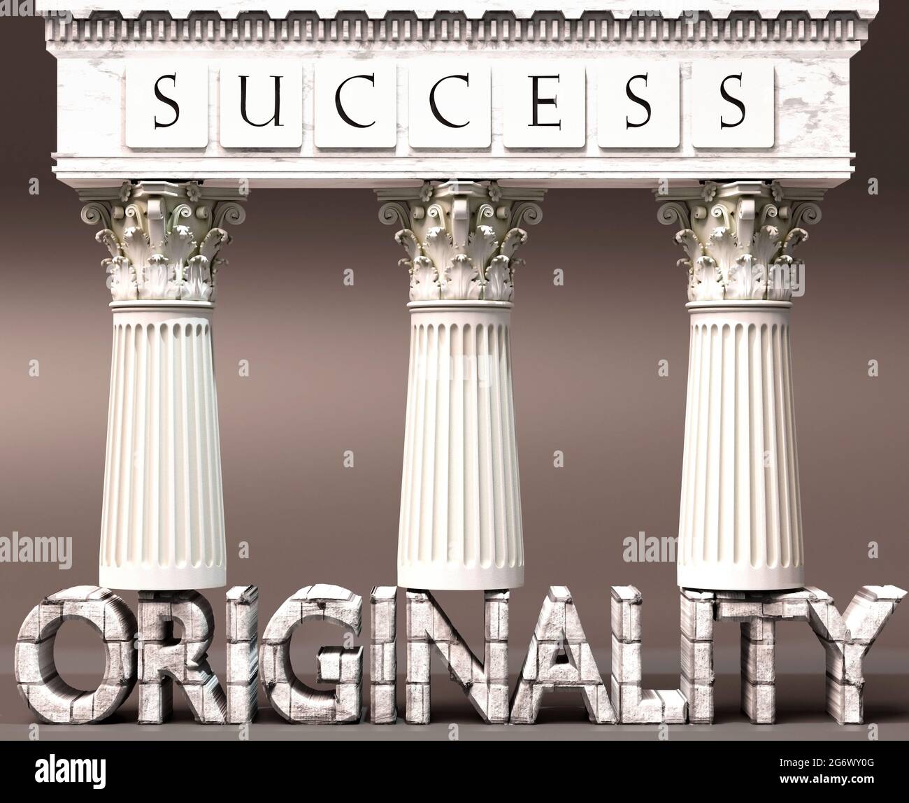 La originalidad como base del éxito - simbolizado por los pilares del éxito apoyado por la originalidad para demostrar que es esencial para alcanzar metas y. Foto de stock