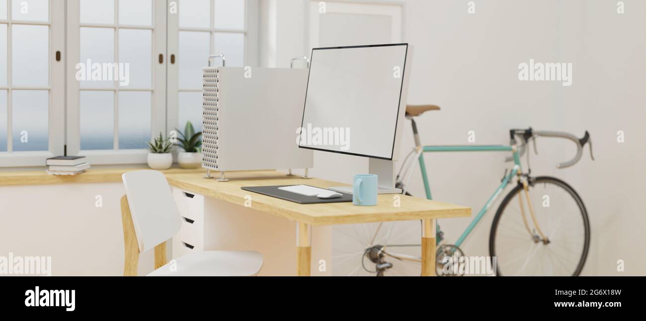 Acogedor y minimalista diseño japonés de oficina con ordenador de escritorio,  escritorio de madera, bicicleta y espacio de copia 3D renderizado, 3D  ilustración Fotografía de stock - Alamy