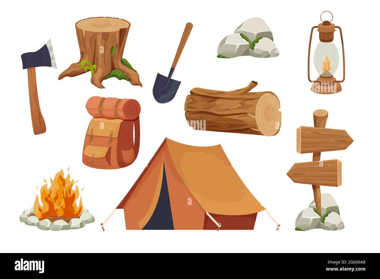 Set equipo de camping fogata, tienda, linterna, pala y hacha, mochila de  viaje madera log y tocón en estilo de dibujos animados aislado sobre fondo  blanco. Actividad forestal, vacaciones. Ilustración vectorial Imagen