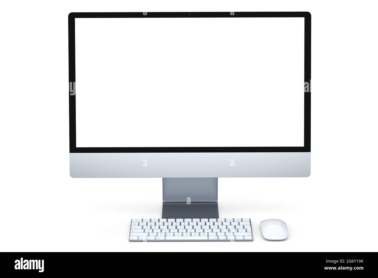 Pantalla de ordenador gris realista con teclado y ratón aislados sobre fondo blanco. 3D Representación de monitor plateado para el espacio de trabajo del estudio doméstico Foto de stock