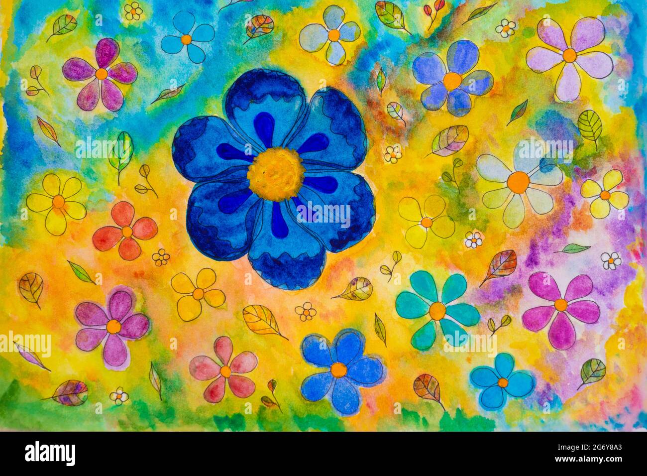 Flores acuarela en colores felices. Dibujo de pincel con degradado