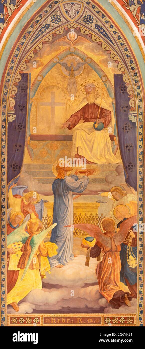 VIENA, AUSTIRA - JUNI 24, 2021: El fresco simbólico de Jesús ofrece a Dios el Padre en la iglesia Votivkirche por los hermanos Carl y Franz Jobst Foto de stock
