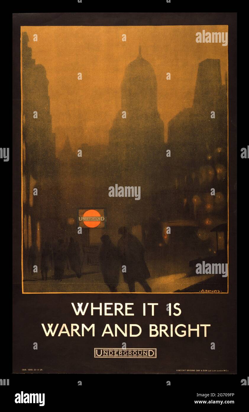 El cartel muestra una escena de calle oscura y brumosa con la estación de metro Ca 1924 Foto de stock