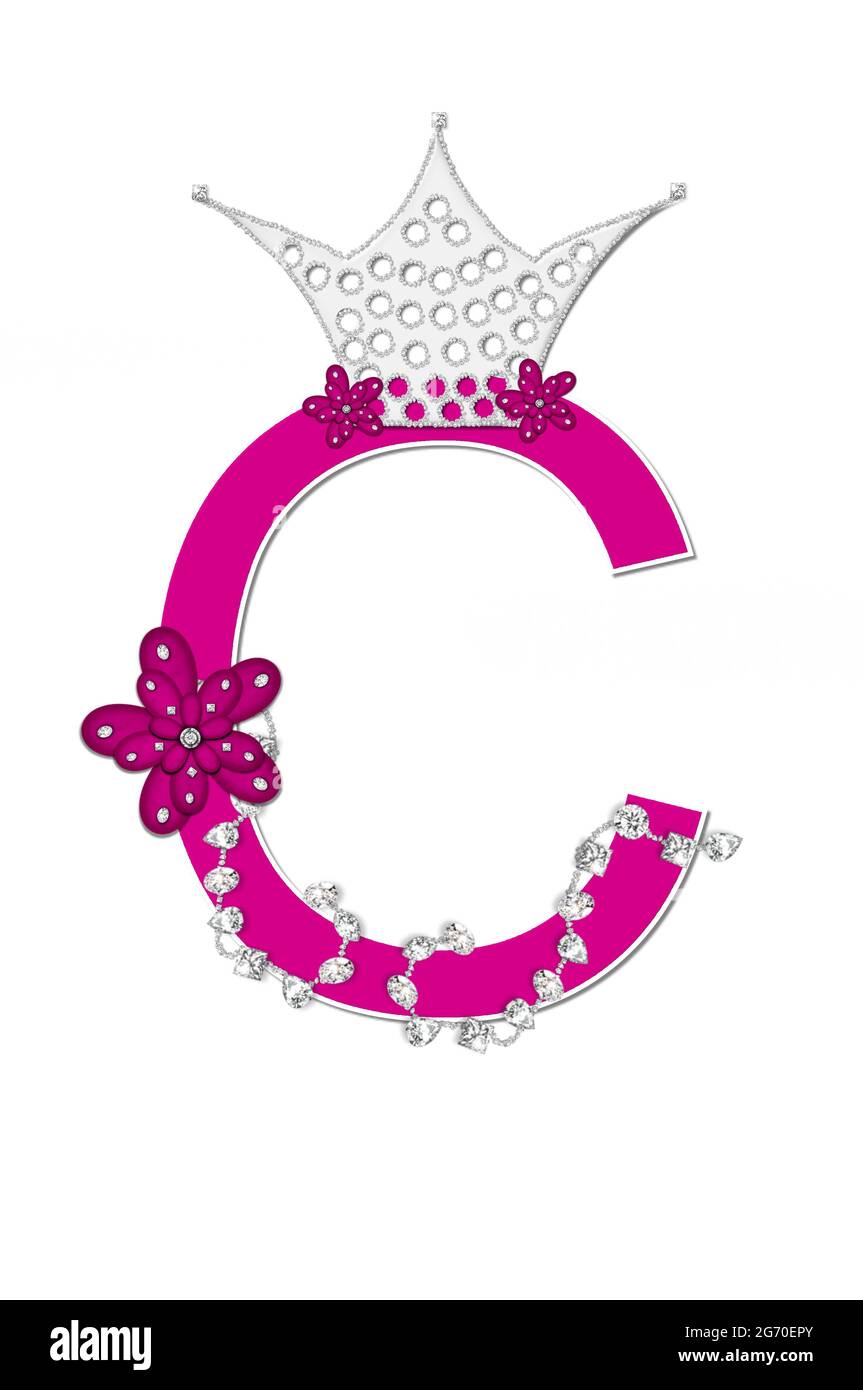 La letra C, en el conjunto del alfabeto 'Pageant Queen' es de color rosa  brillante y está contorneada con blanco. La carta está decorada con corona,  flor y diamantes Fotografía de stock -