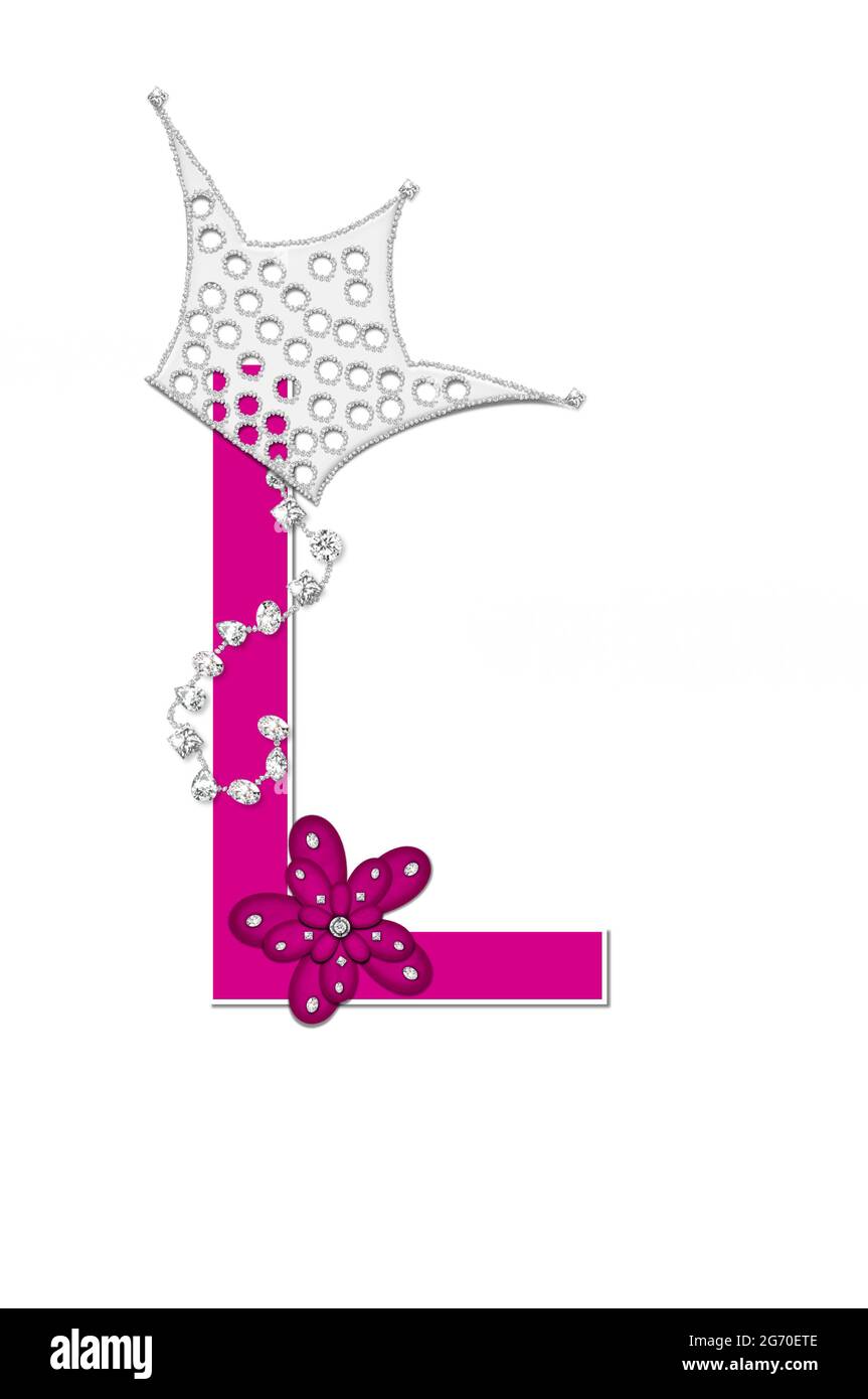 La letra L, en el conjunto del alfabeto 'Pageant Queen' es de color rosa  brillante y está contorneada con blanco. La carta está decorada con corona,  flor y diamantes Fotografía de stock -